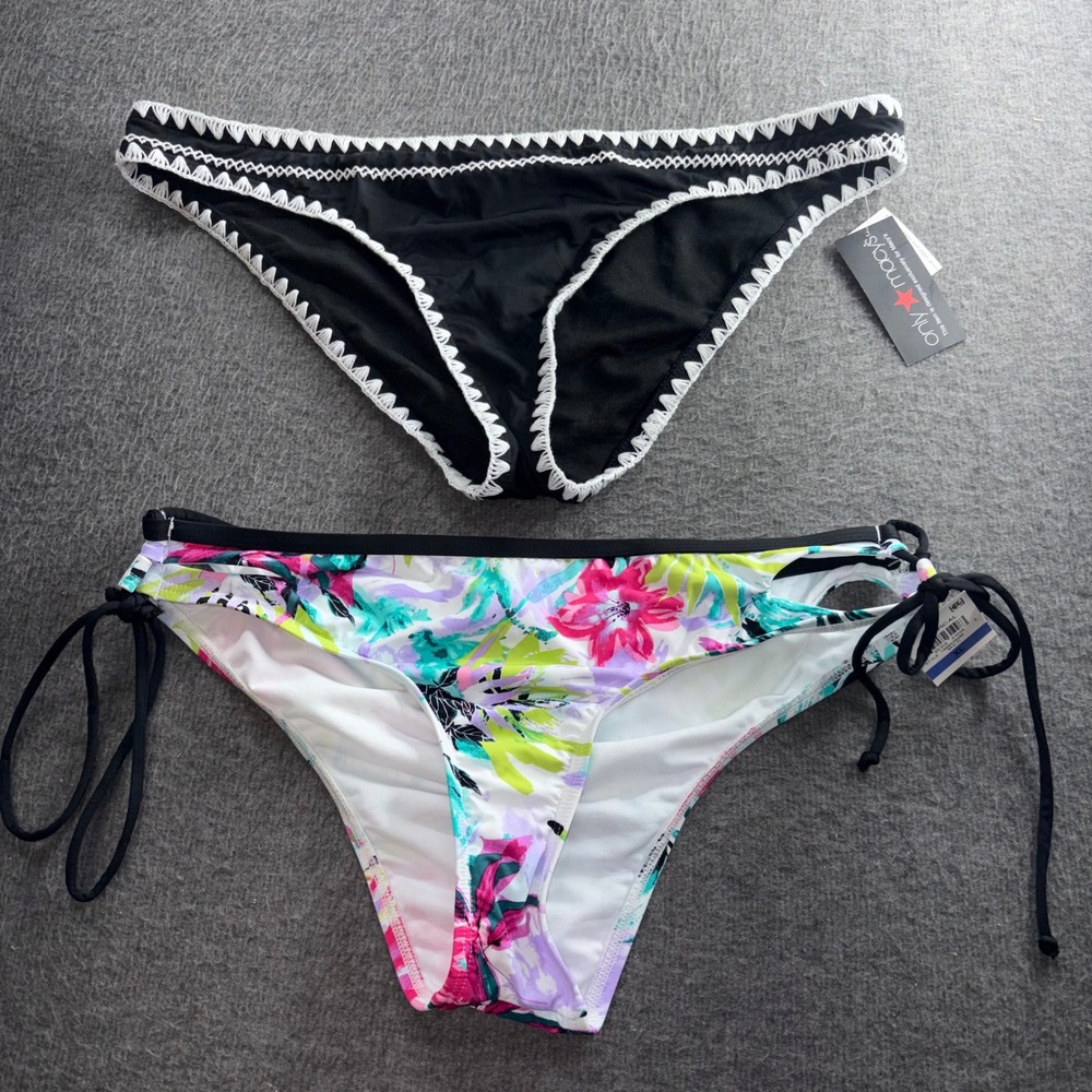 Bar III Bikini Bottom Bundle Black Crochet & Tropical Floral Side Tie XL NWT
